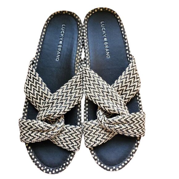 Lucky Brand Sandals Size 10 Fynna Woven Slide Leather Black White Boho - Picture 1 of 13